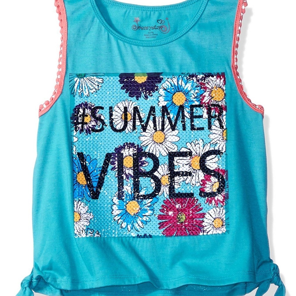 Dreamstar Girl Floral Sequin Graphic Tank Top Teal